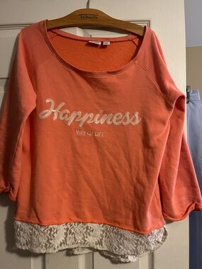 Cato Coral Pullover Sweatshirt with White Lace Trim